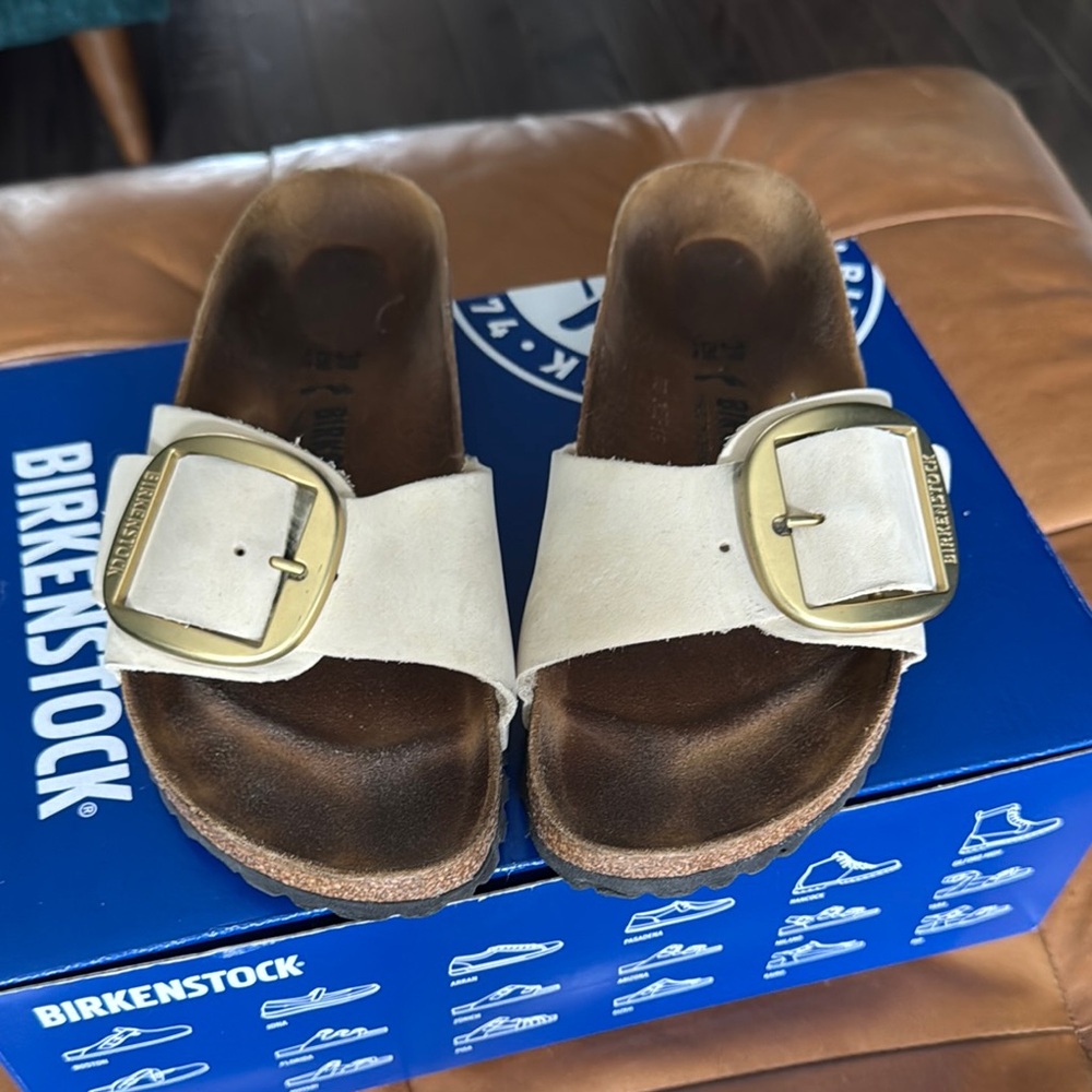 Birkenstock Cream Sandals with Gold Buckle